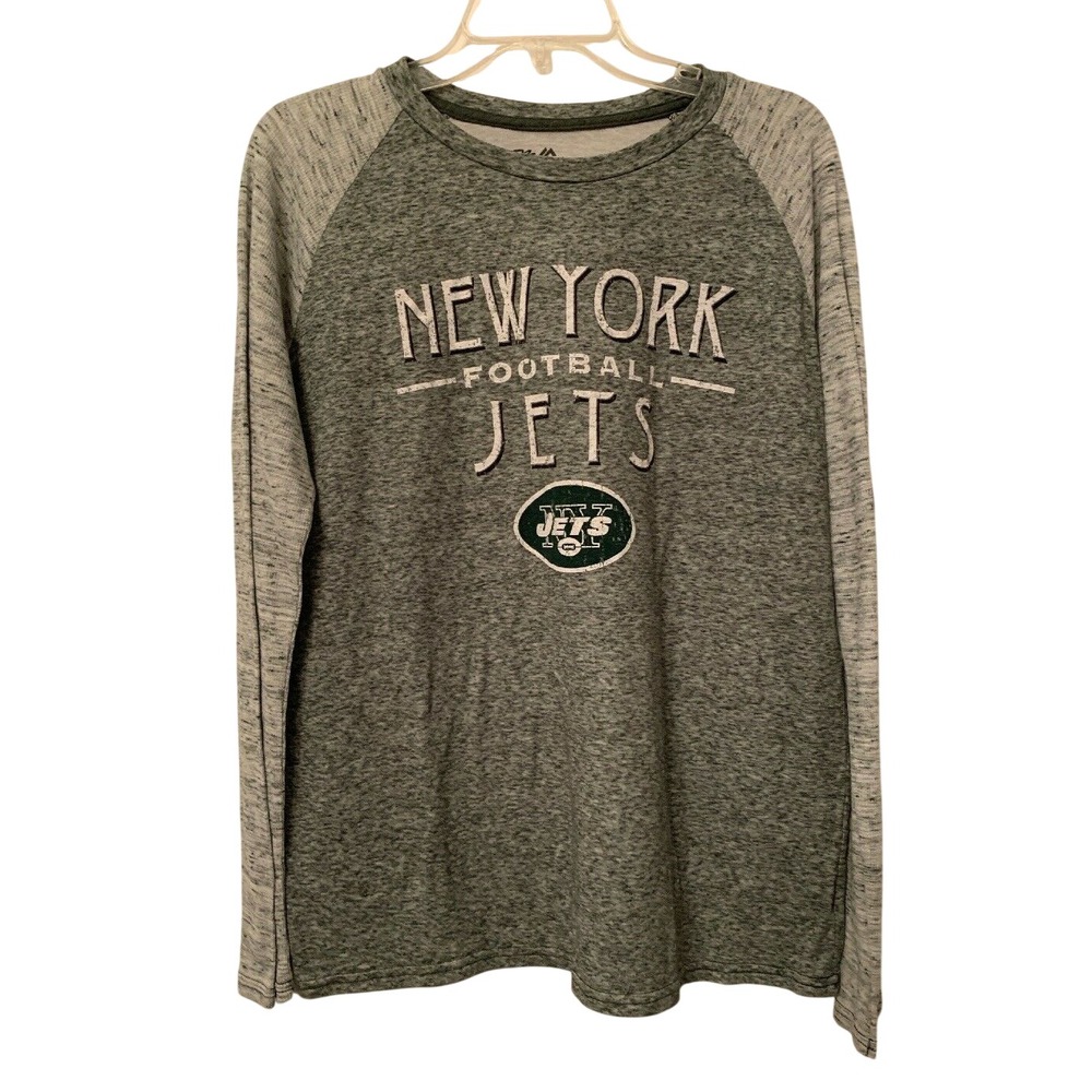 Large Majestic New York Jets Long Sleeve Green Mens Tshirt Distressed Look